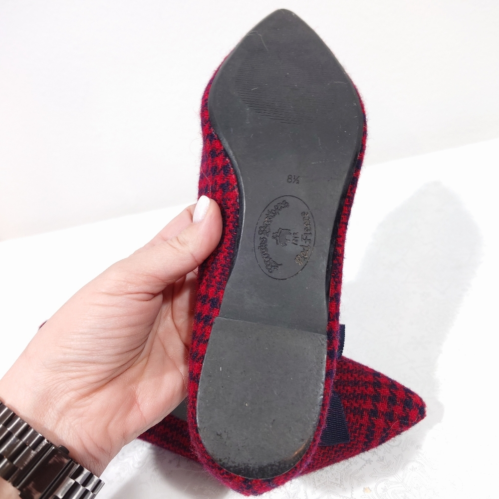 Brooks Brothers Red Fleece Houndstooth Flats 8.5 Red Navy Tweed Bow Pointed Toe - Picture 6 of 7